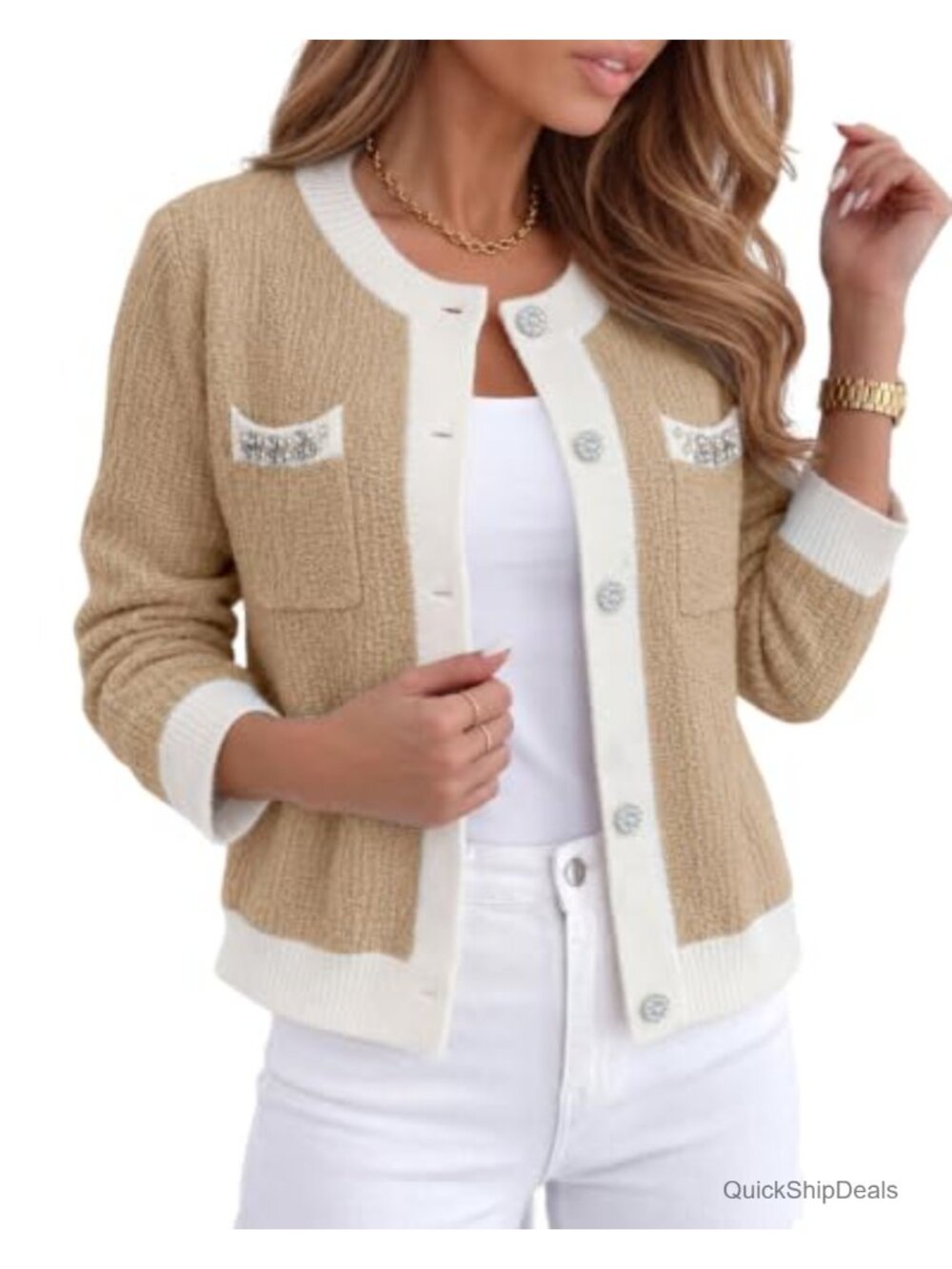 Rhinestone Button Knit Cardigan Long Sleeve Crew Neck Sweater